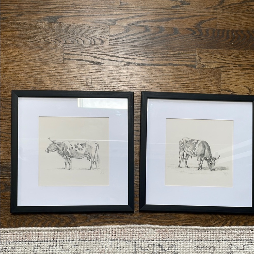 Pair Target Black-Framed Cow Sketch Wall Art 12.5 x 12.5 inches each